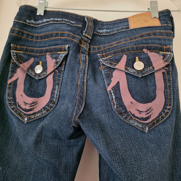 True Religion Jeans Women Denim Straight‎ Leg Pink Logo Pockets Distressed Sz 29 - Picture 7 of 10